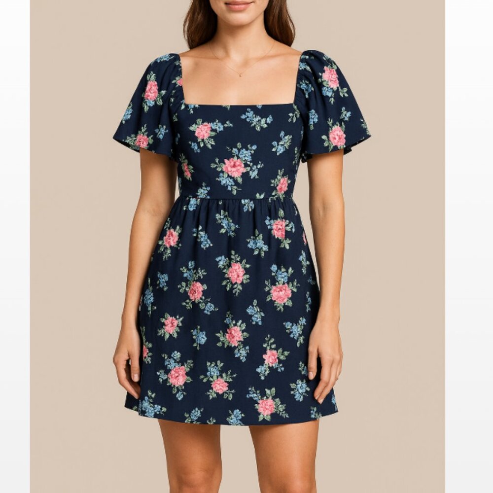 Emerald Sundae Navy Floral Back Bow Tie Mini Dress with Flutter Sleeves Size XS